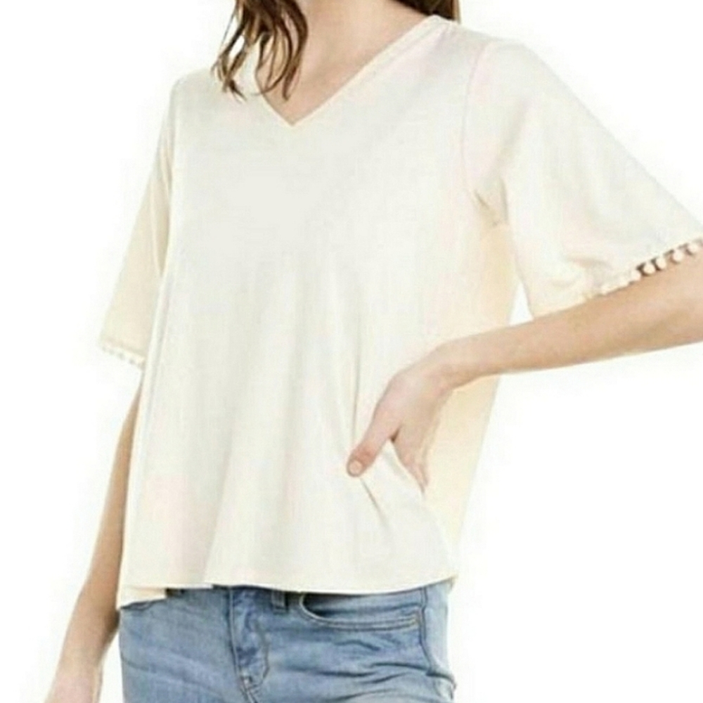 Johnny Was Cream Pom Pom Short Sleeve V Neck Organic Cotton Shirt Small